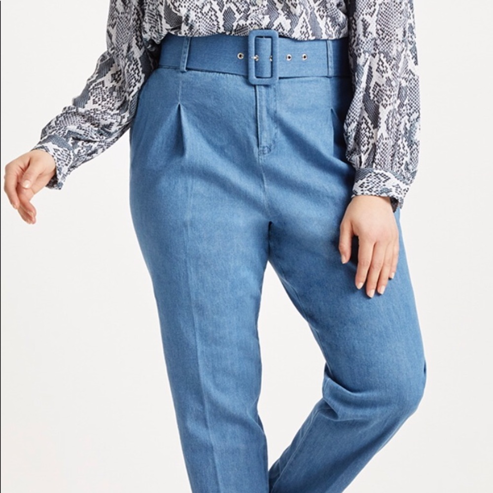 Belted Pleat Front High Waist Skinny Denim Trouser